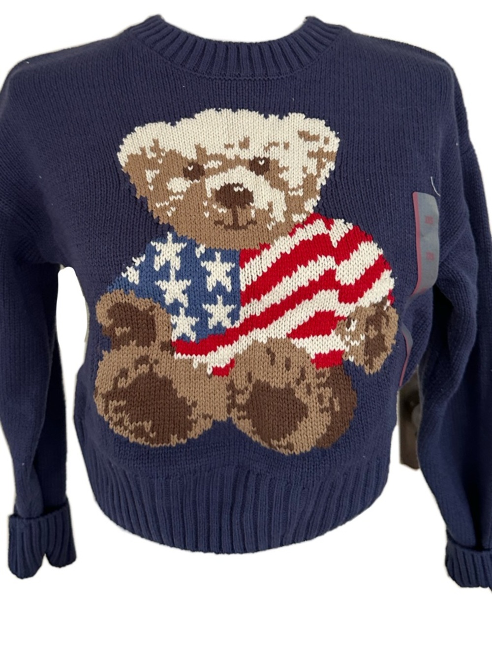 Navy Teddy Bear Patriotic Knit Sweater - Women